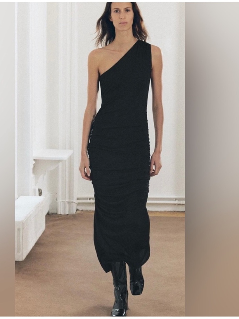 Zara one shoulder Black draped ruched long dress sz.XS